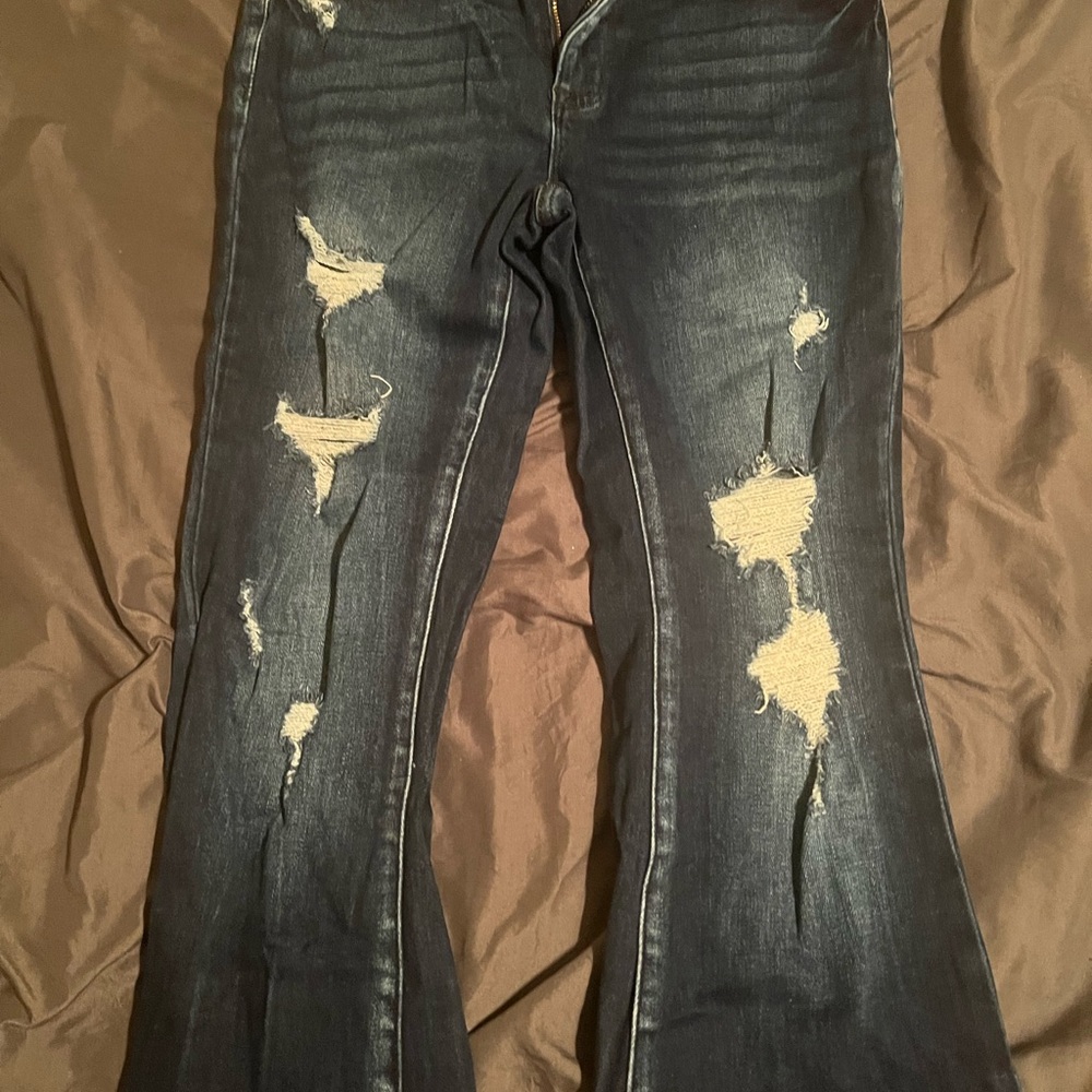 Trendy Dark Blue Distressed Women's Flare Jeans